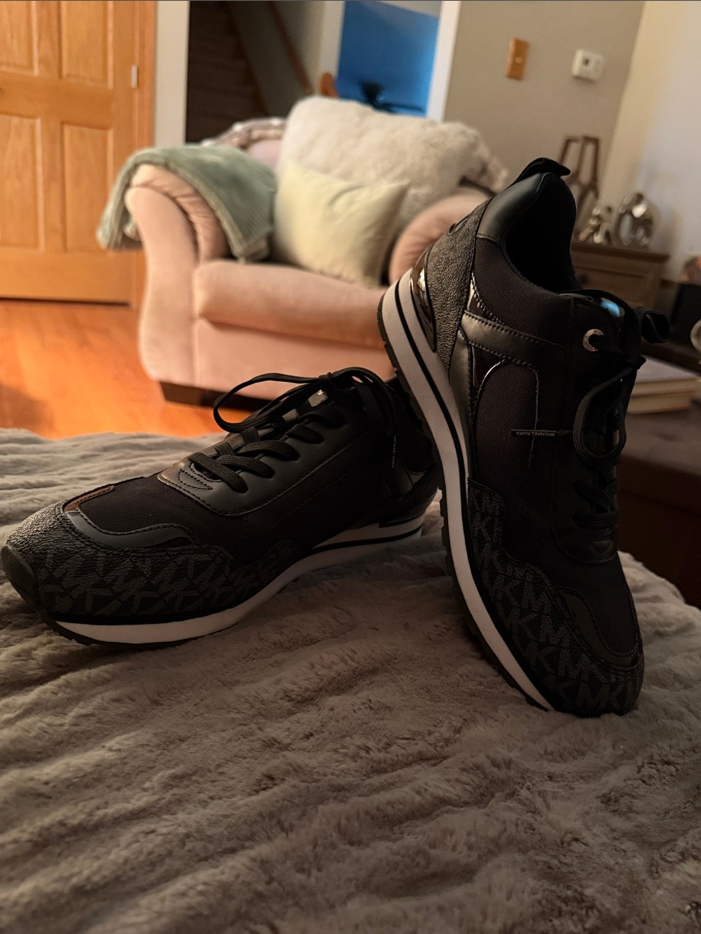 Michael Kors Black Logo-Print Lace-Up Sneakers with White Accents
